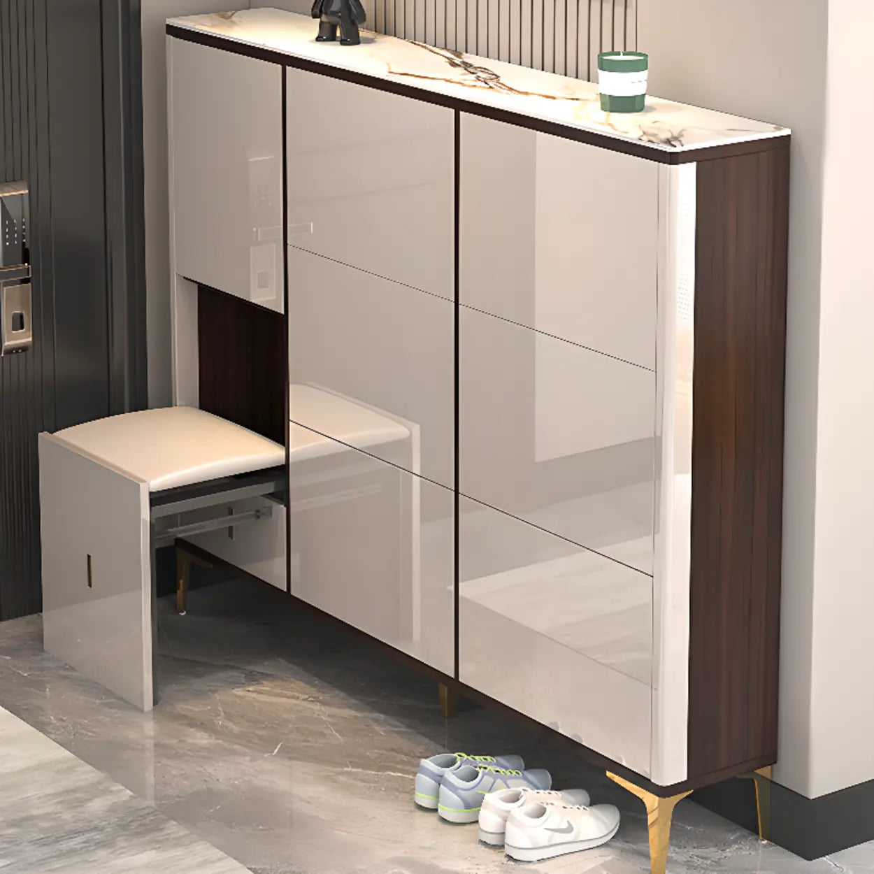 Modern Cream Wood Large Entryway Shoe Cabinet — Champagne / Stool Included