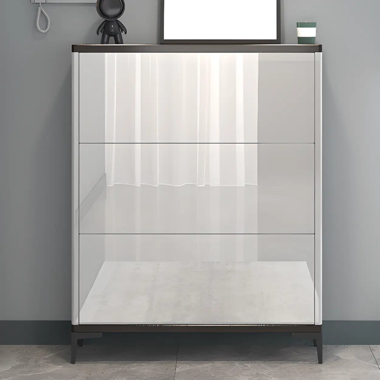 Modern Cream Wood Large Entryway Shoe Cabinet — Grey / Stool Not Included