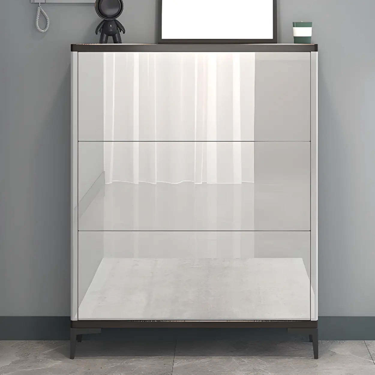 Modern Cream Wood Large Entryway Shoe Cabinet — Grey / Stool Not Included