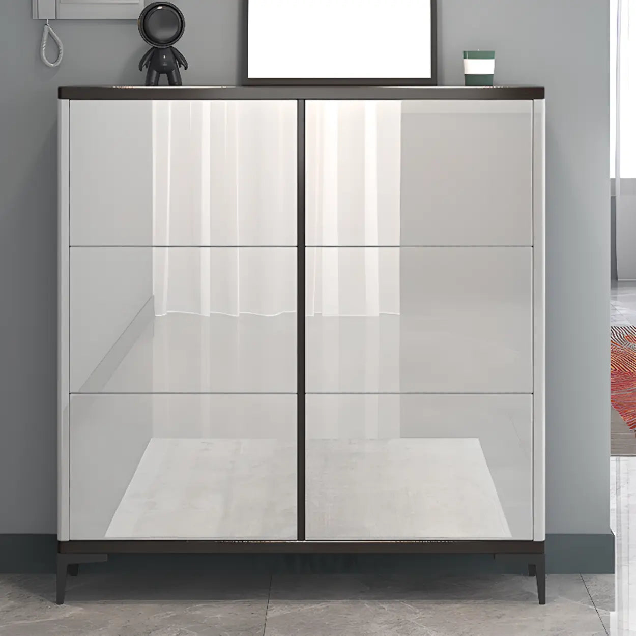 Modern Cream Wood Large Entryway Shoe Cabinet — Grey / Stool Included