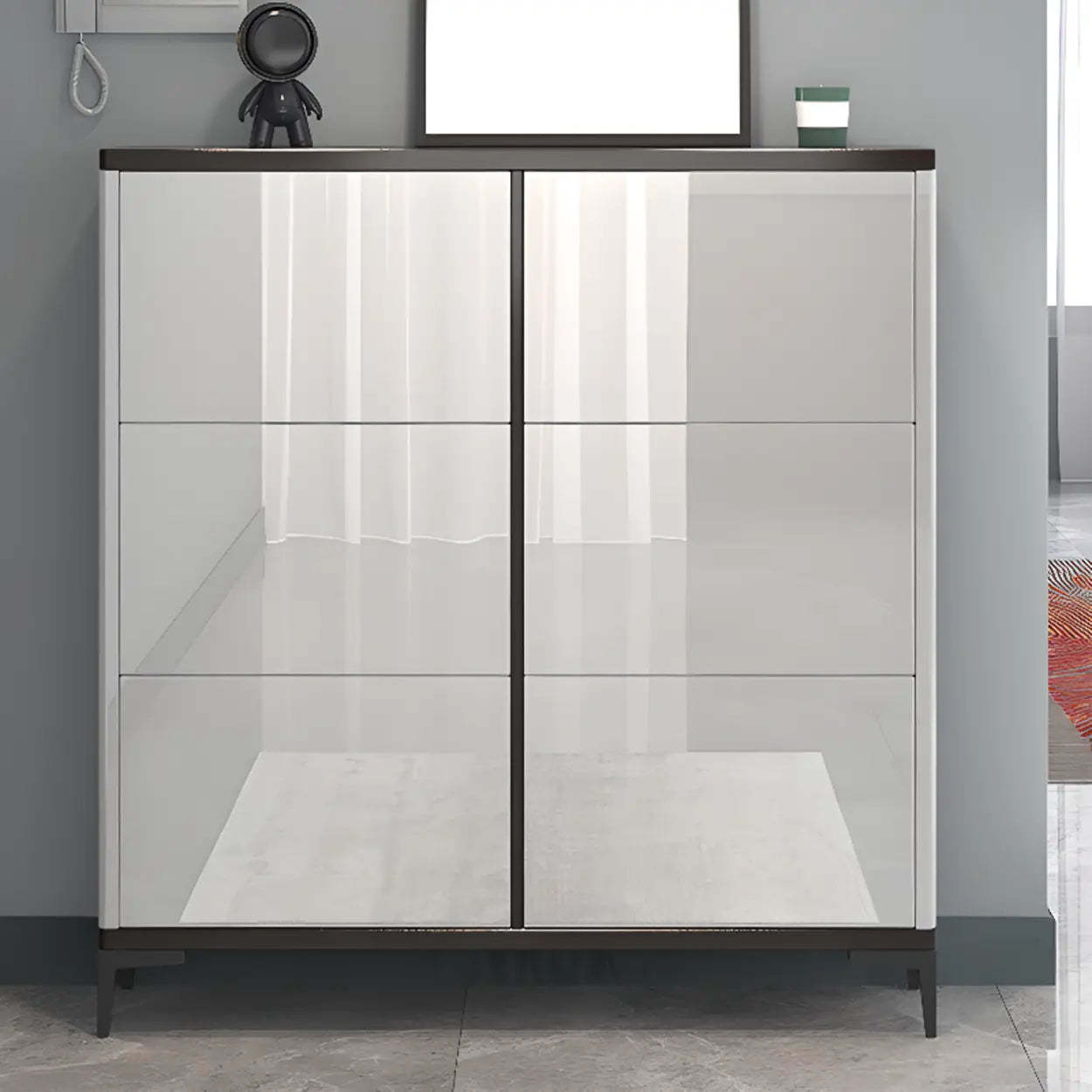 Modern Cream Wood Large Entryway Shoe Cabinet — Grey / Stool Included