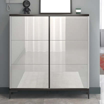 Modern Cream Wood Large Entryway Shoe Cabinet — Grey / Stool Included