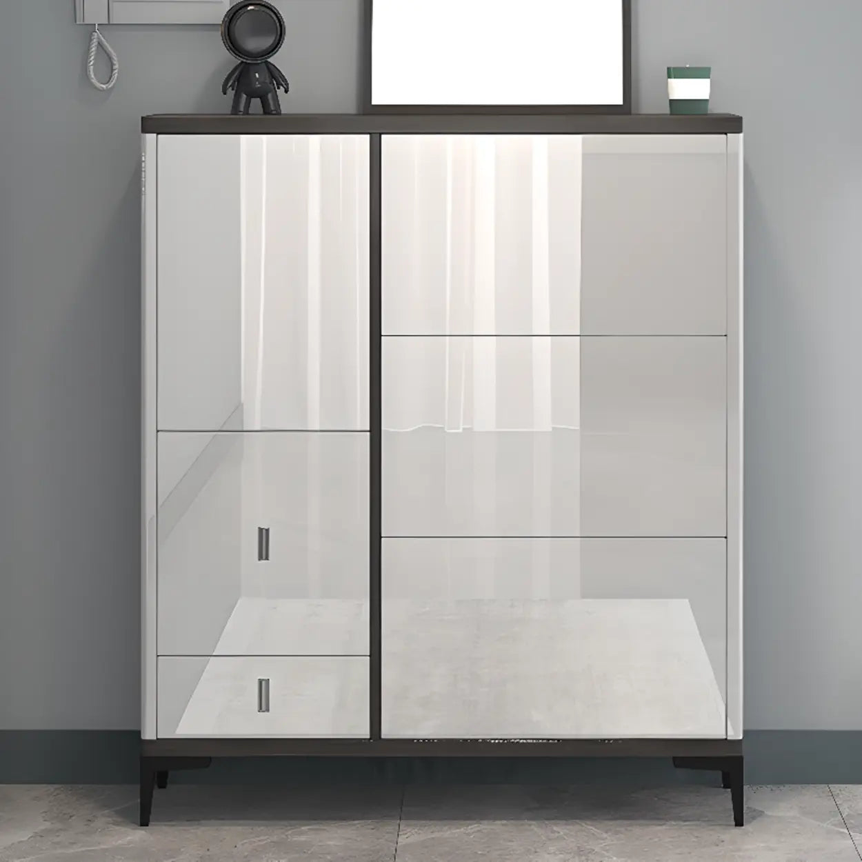 Modern Cream Wood Large Entryway Shoe Cabinet — Champagne / Stool Included