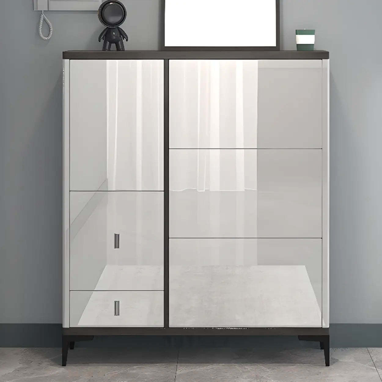 Modern Cream Wood Large Entryway Shoe Cabinet — Champagne / Stool Included