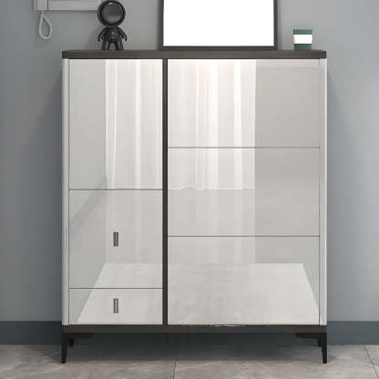 Modern Cream Wood Large Entryway Shoe Cabinet — Champagne / Stool Included