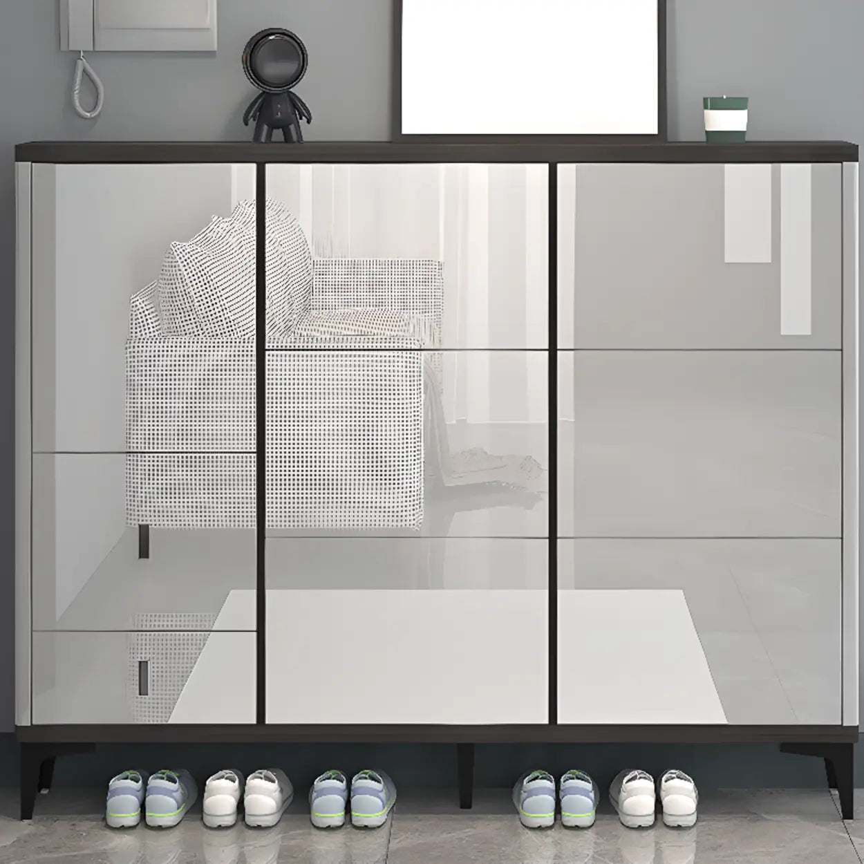 Modern Cream Wood Large Entryway Shoe Cabinet — Grey / Stool Included