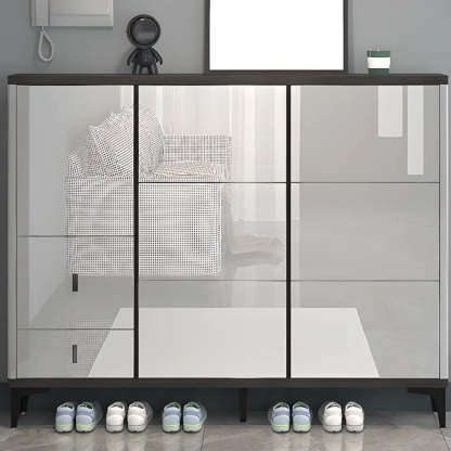 Modern Cream Wood Large Entryway Shoe Cabinet — Grey / Stool Included