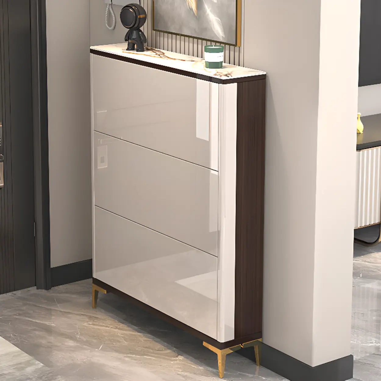 Modern Cream Wood Large Entryway Shoe Cabinet — Champagne / Stool Not Included