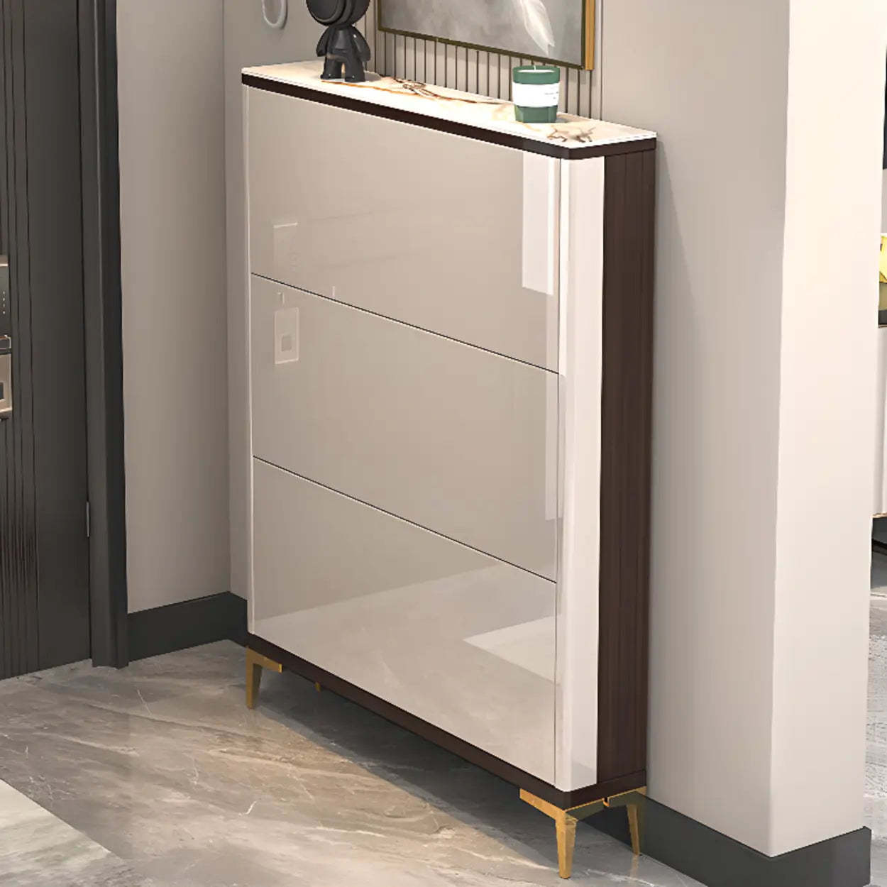 Modern Cream Wood Large Entryway Shoe Cabinet — Champagne / Stool Not Included