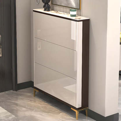 Modern Cream Wood Large Entryway Shoe Cabinet — Champagne / Stool Not Included