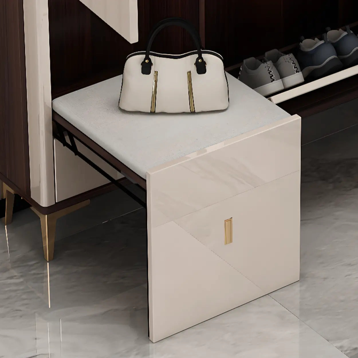 Modern Cream Wood Large Entryway Shoe Cabinet — Grey / Stool Not Included