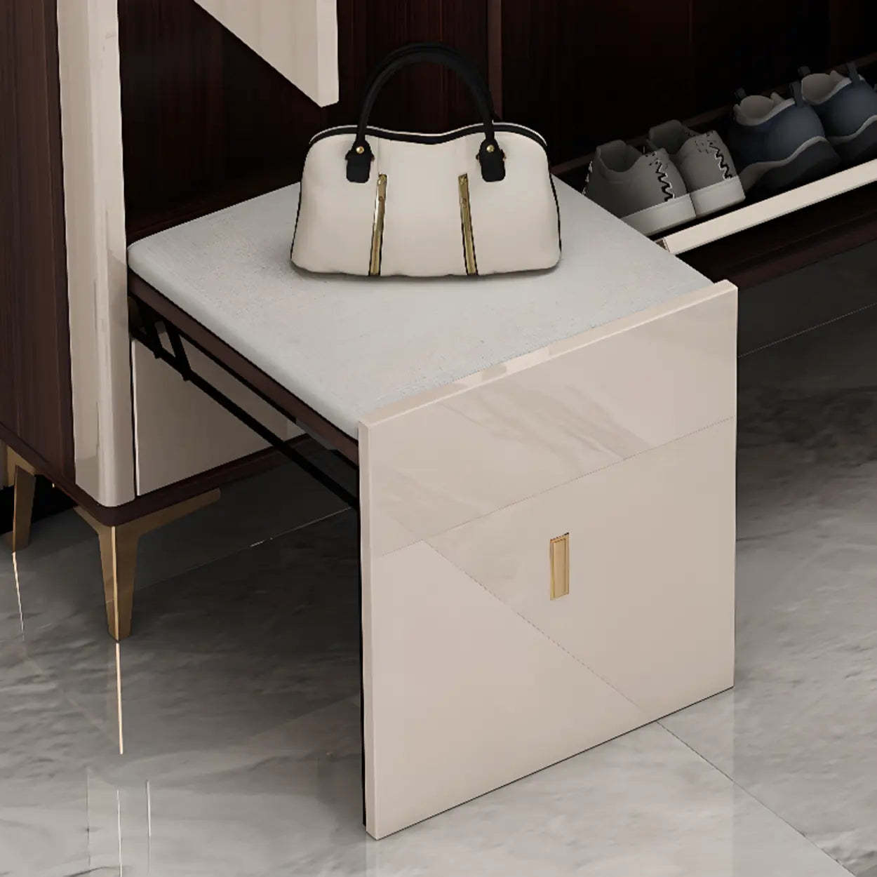 Modern Cream Wood Large Entryway Shoe Cabinet — Grey / Stool Not Included