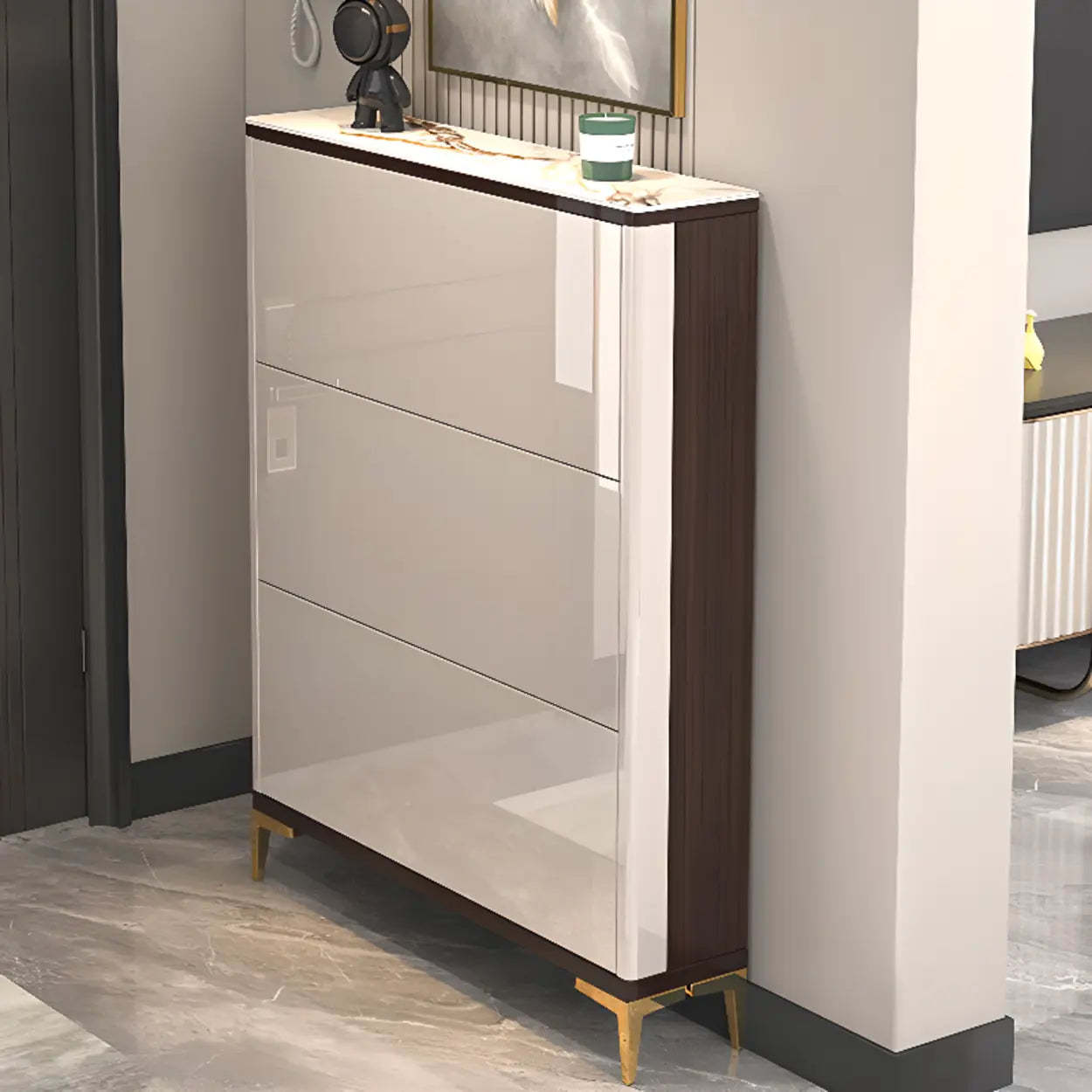 Modern Cream Wood Large Entryway Shoe Cabinet — Champagne / Stool Included