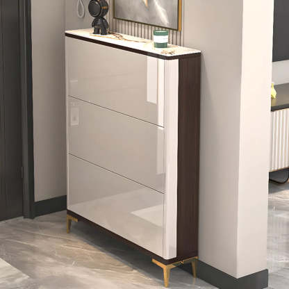 Modern Cream Wood Large Entryway Shoe Cabinet — Champagne / Stool Included