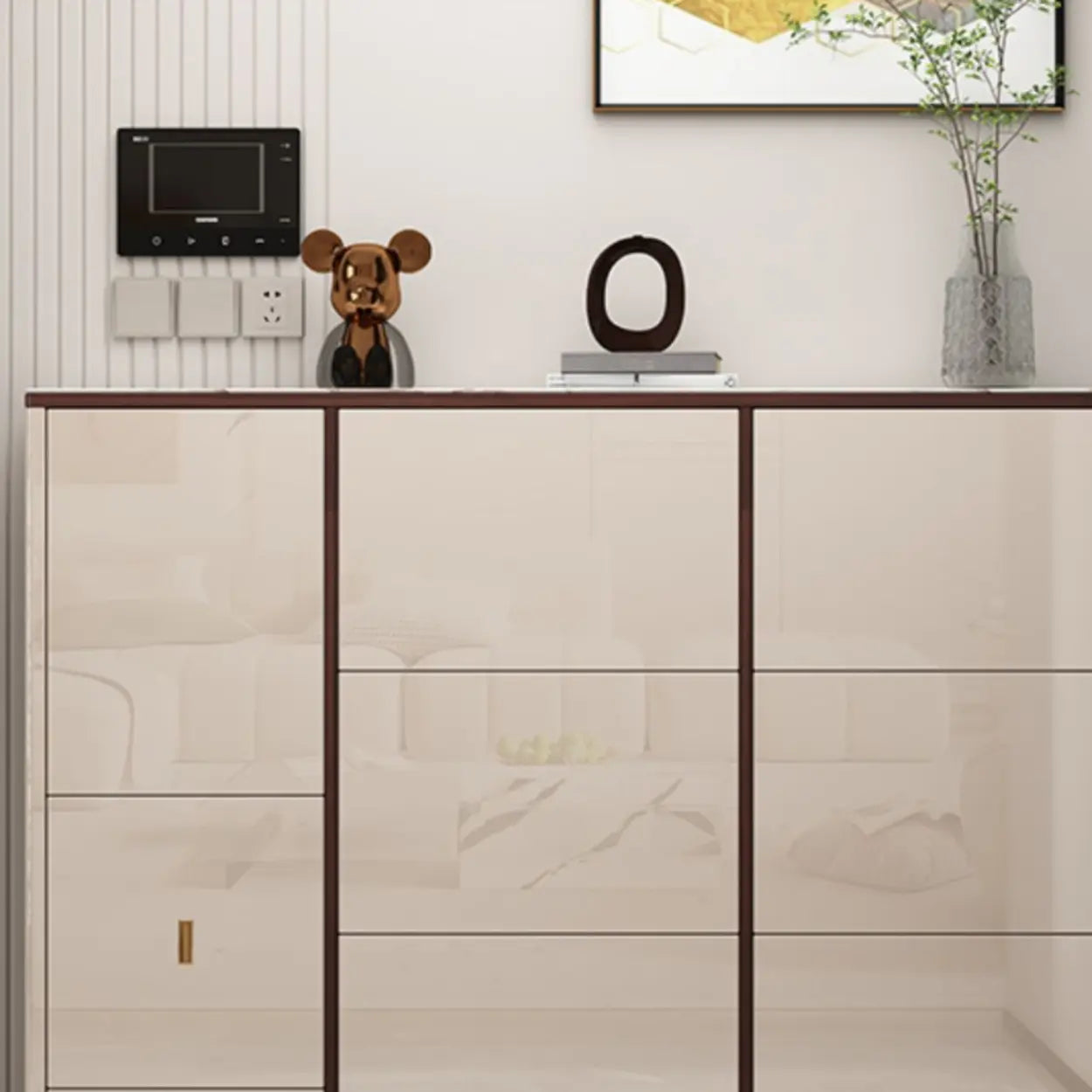 Modern Cream Wood Large Entryway Shoe Cabinet — Grey / Stool Included