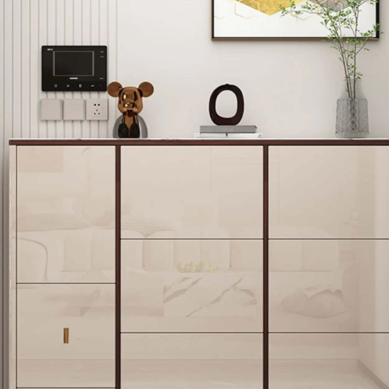 Modern Cream Wood Large Entryway Shoe Cabinet — Grey / Stool Included