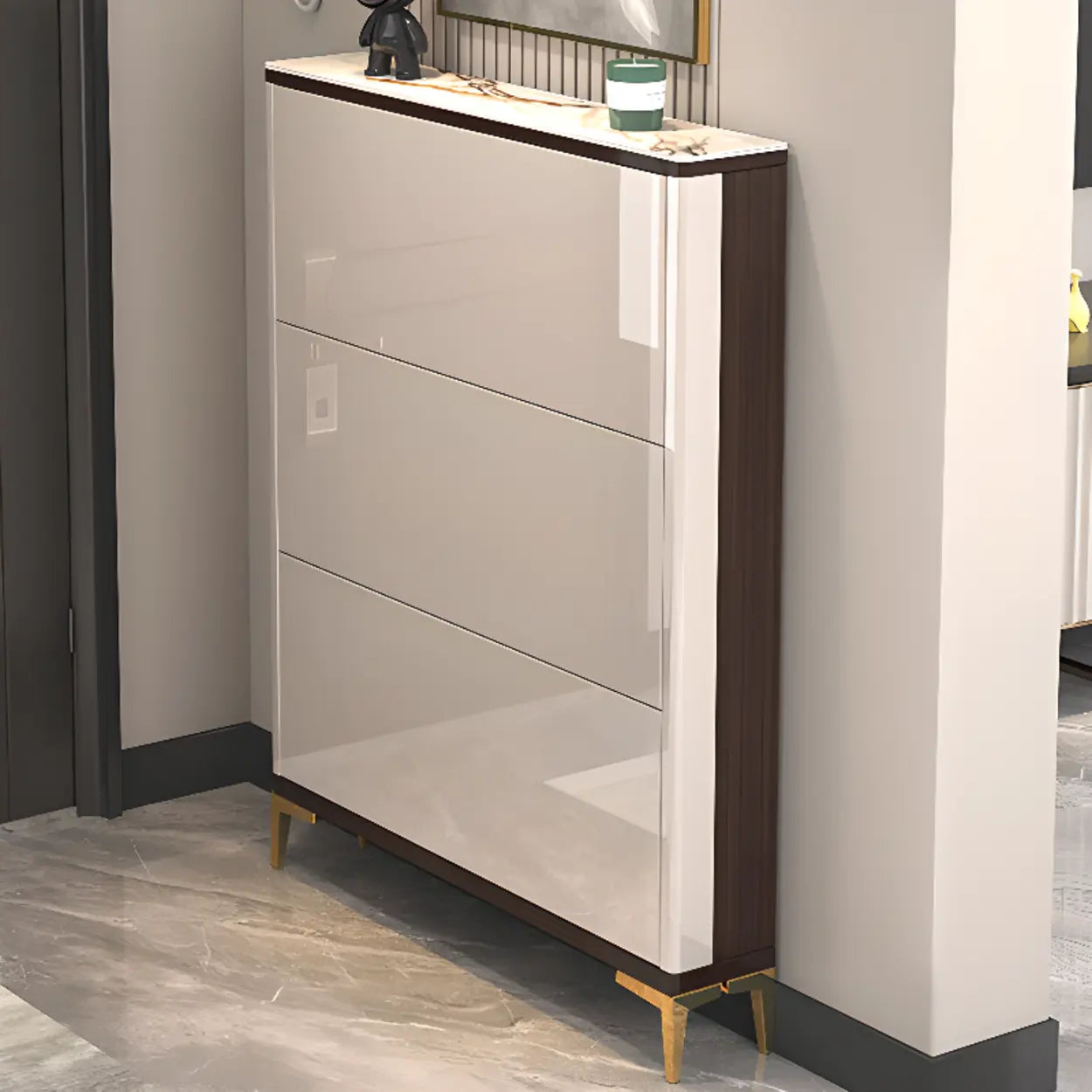 Modern Cream Wood Large Entryway Shoe Cabinet — Champagne / Stool Not Included