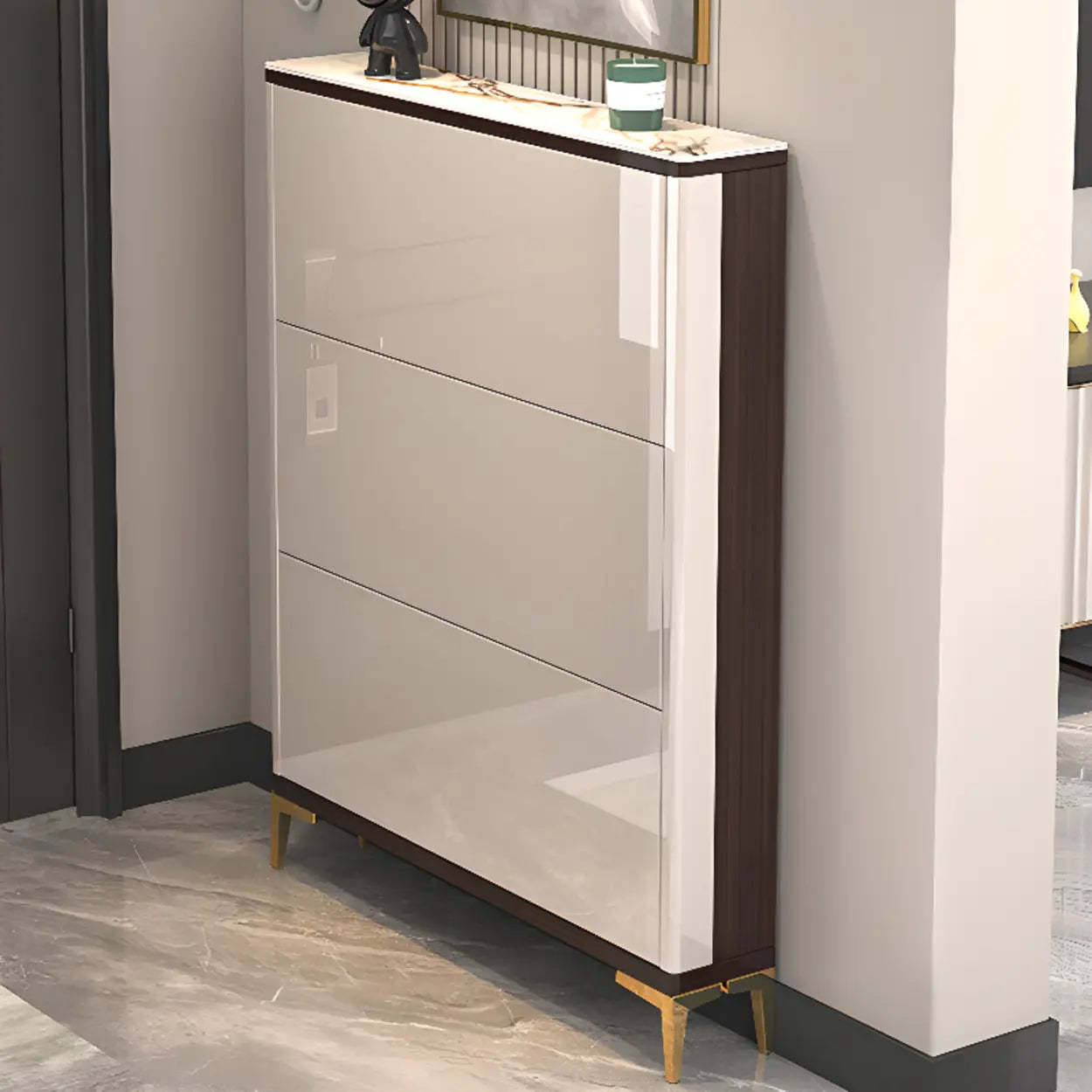 Modern Cream Wood Large Entryway Shoe Cabinet — Champagne / Stool Not Included