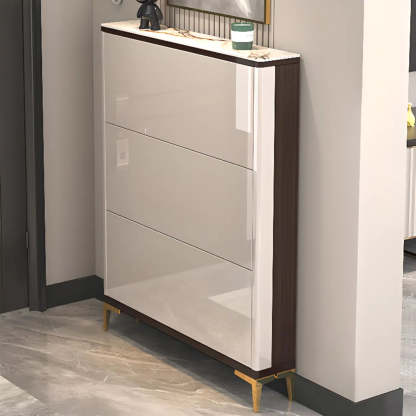 Modern Cream Wood Large Entryway Shoe Cabinet — Champagne / Stool Not Included