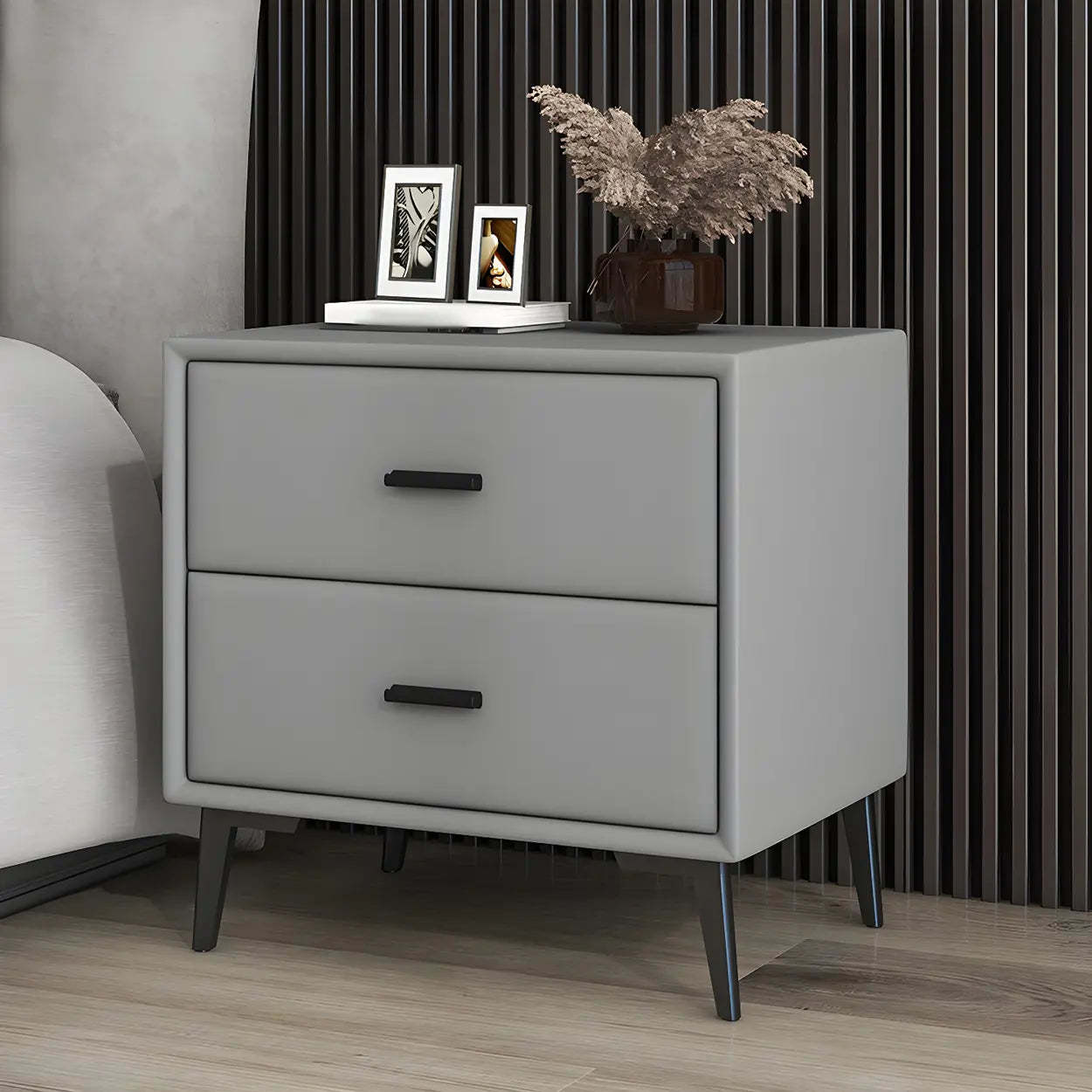 Modern Rectangular Gray Wood Nightstand with Drawer — Black