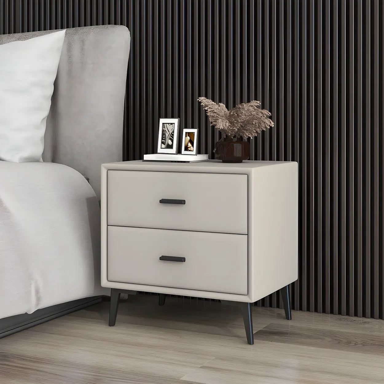 Modern Rectangular Gray Wood Nightstand with Drawer — Light Gray-White