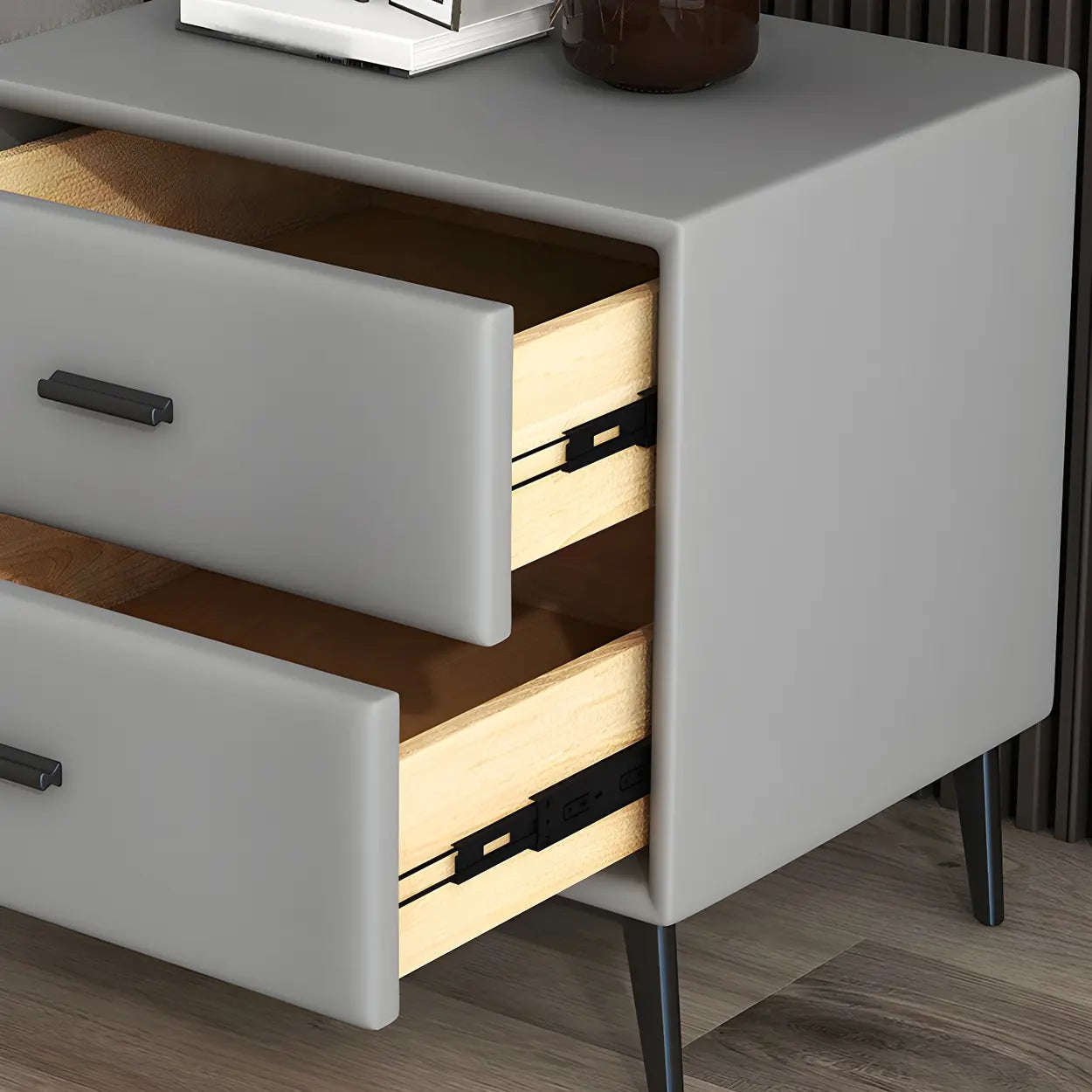 Modern Rectangular Gray Wood Nightstand with Drawer — Light Blue