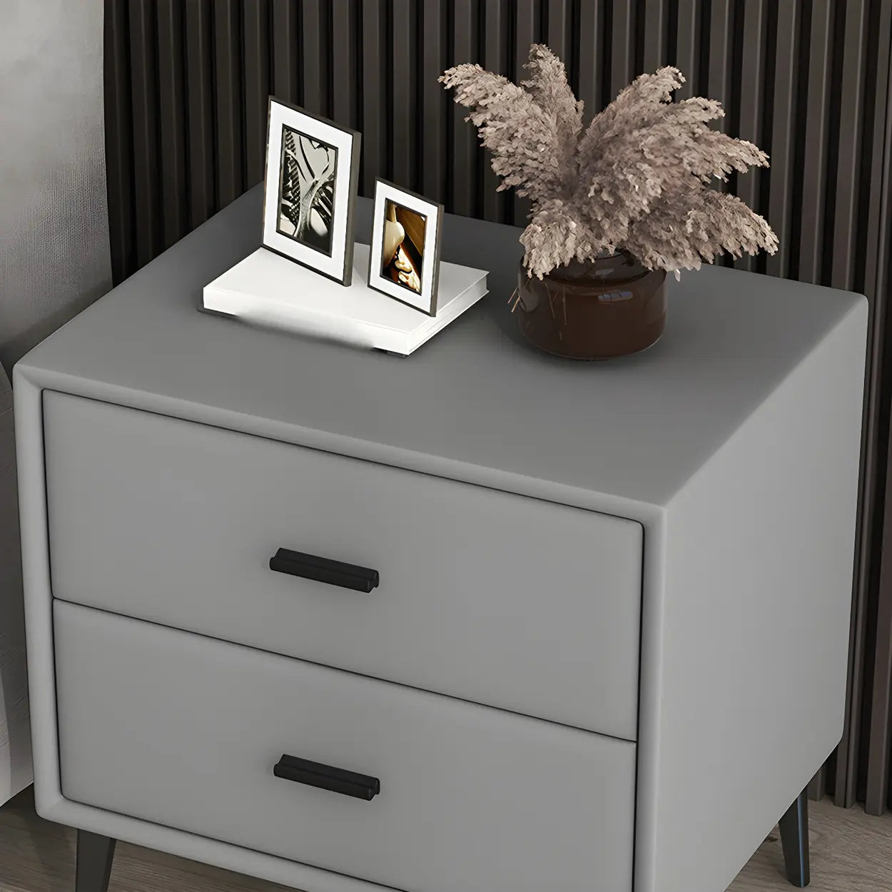 Modern Rectangular Gray Wood Nightstand with Drawer — Beige