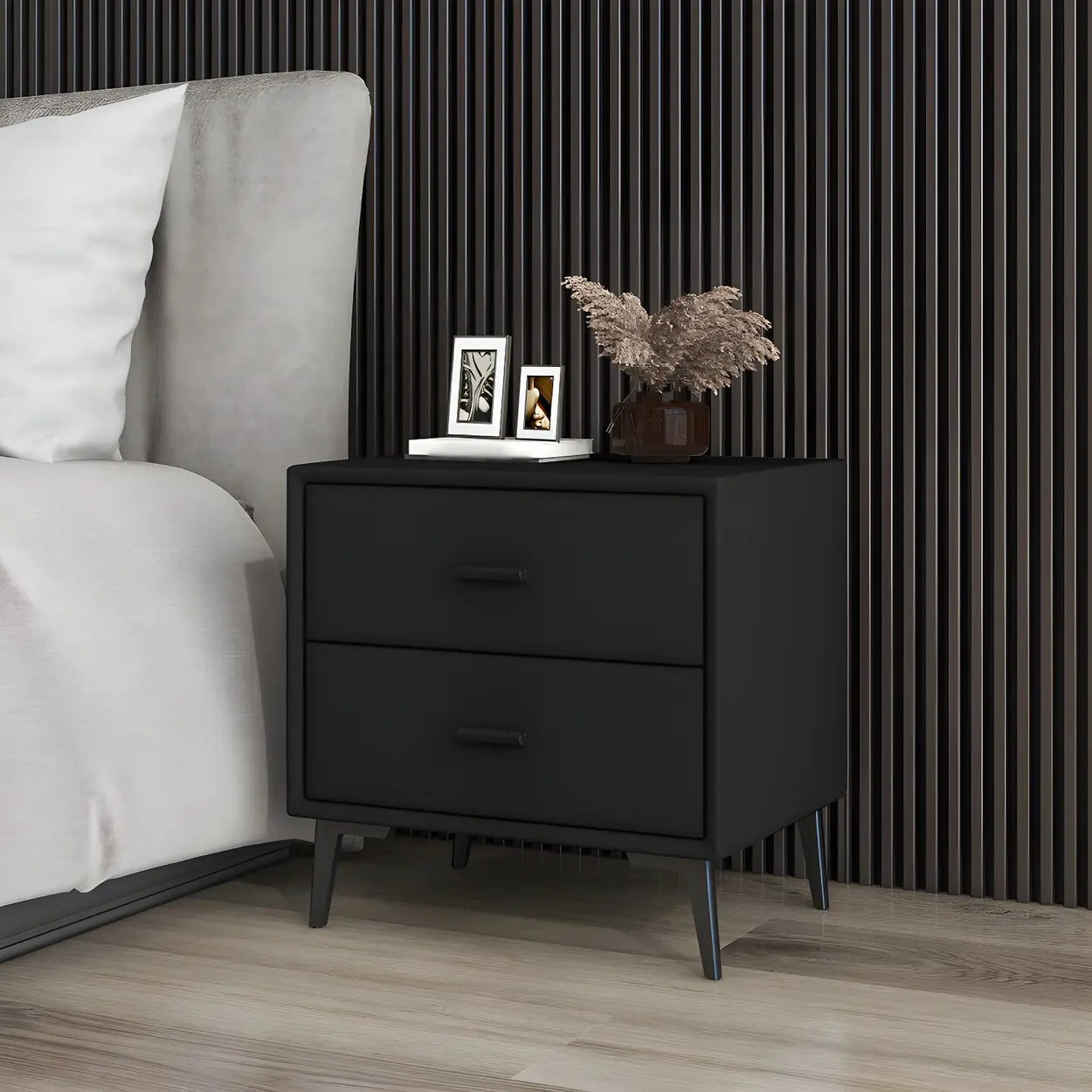Modern Rectangular Gray Wood Nightstand with Drawer — Light Brown