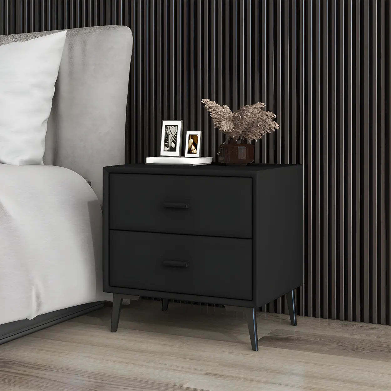Modern Rectangular Gray Wood Nightstand with Drawer — Light Brown