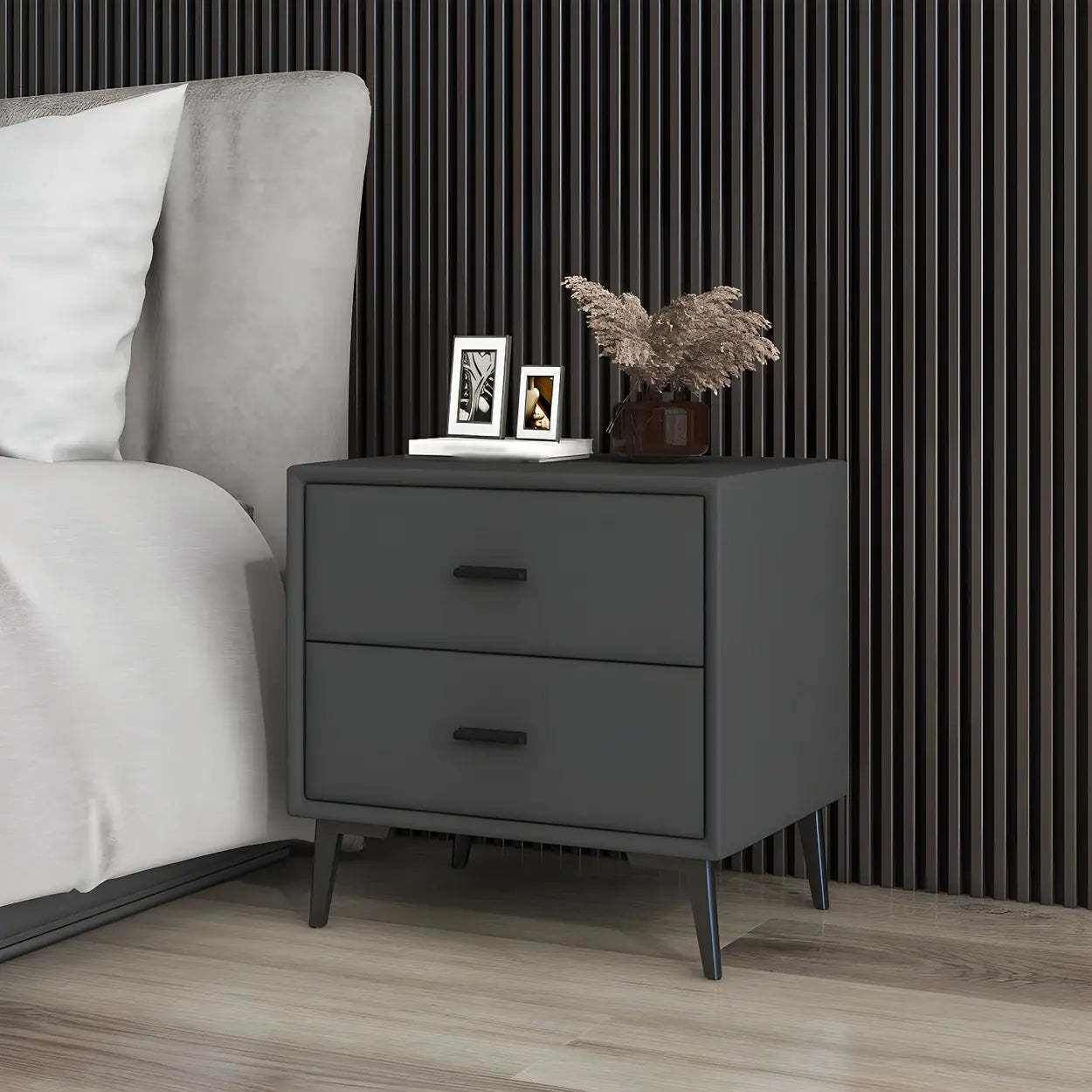 Modern Rectangular Gray Wood Nightstand with Drawer — Khaki