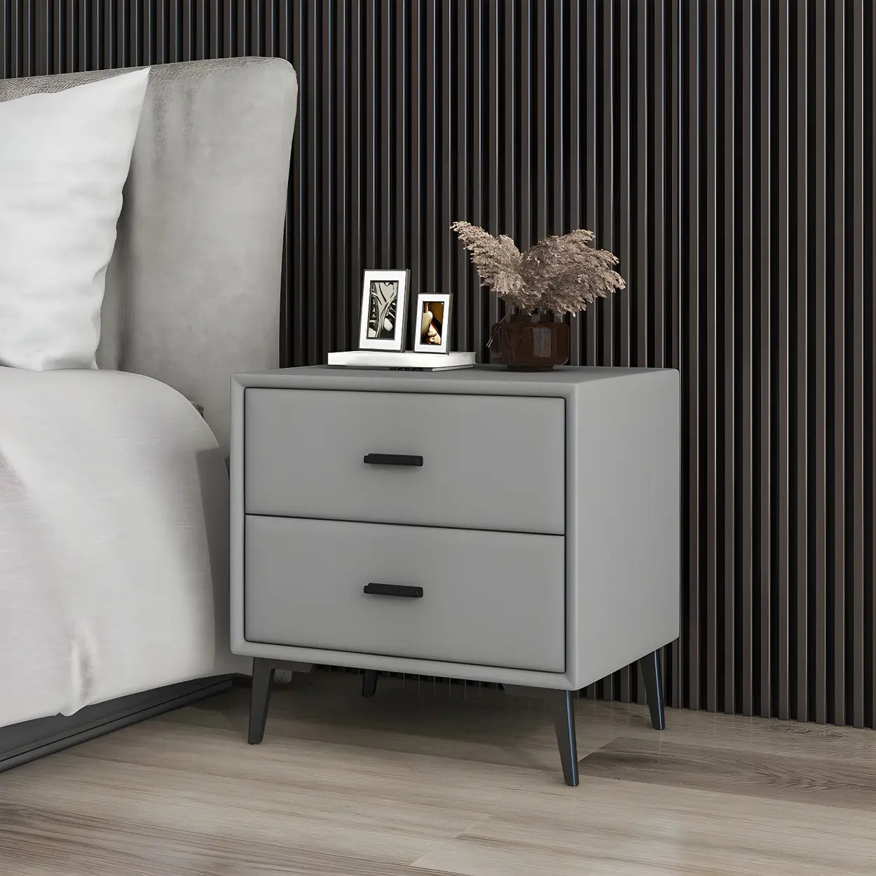 Modern Rectangular Gray Wood Nightstand with Drawer — Blackish Green