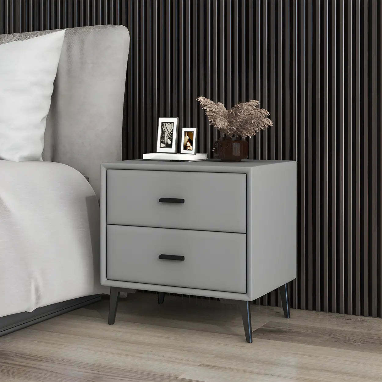 Modern Rectangular Gray Wood Nightstand with Drawer — Blackish Green