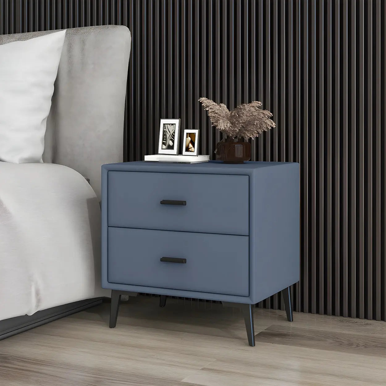 Modern Rectangular Gray Wood Nightstand with Drawer — Dark Gray-White