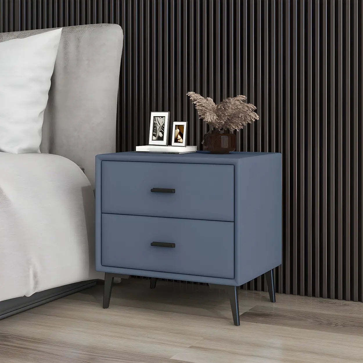 Modern Rectangular Gray Wood Nightstand with Drawer — Dark Gray-White
