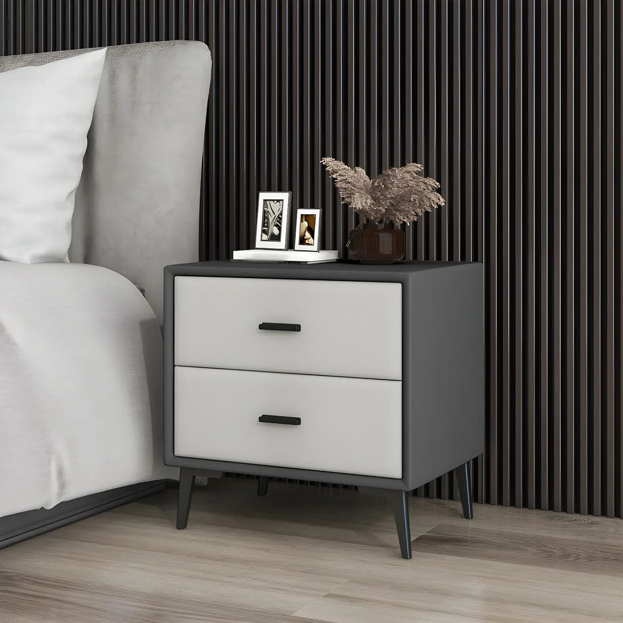 Modern Rectangular Gray Wood Nightstand with Drawer — Off-White