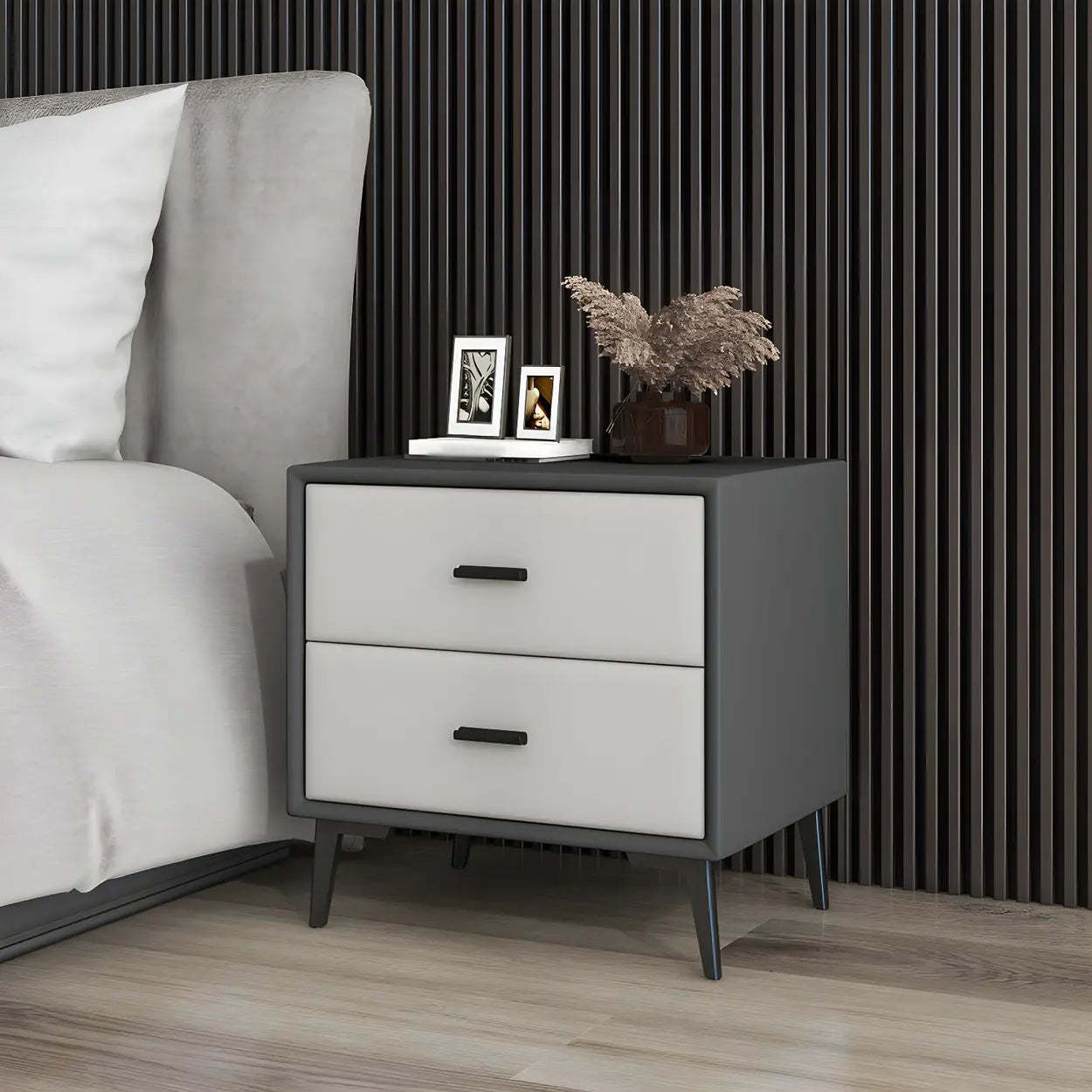 Modern Rectangular Gray Wood Nightstand with Drawer — Off-White