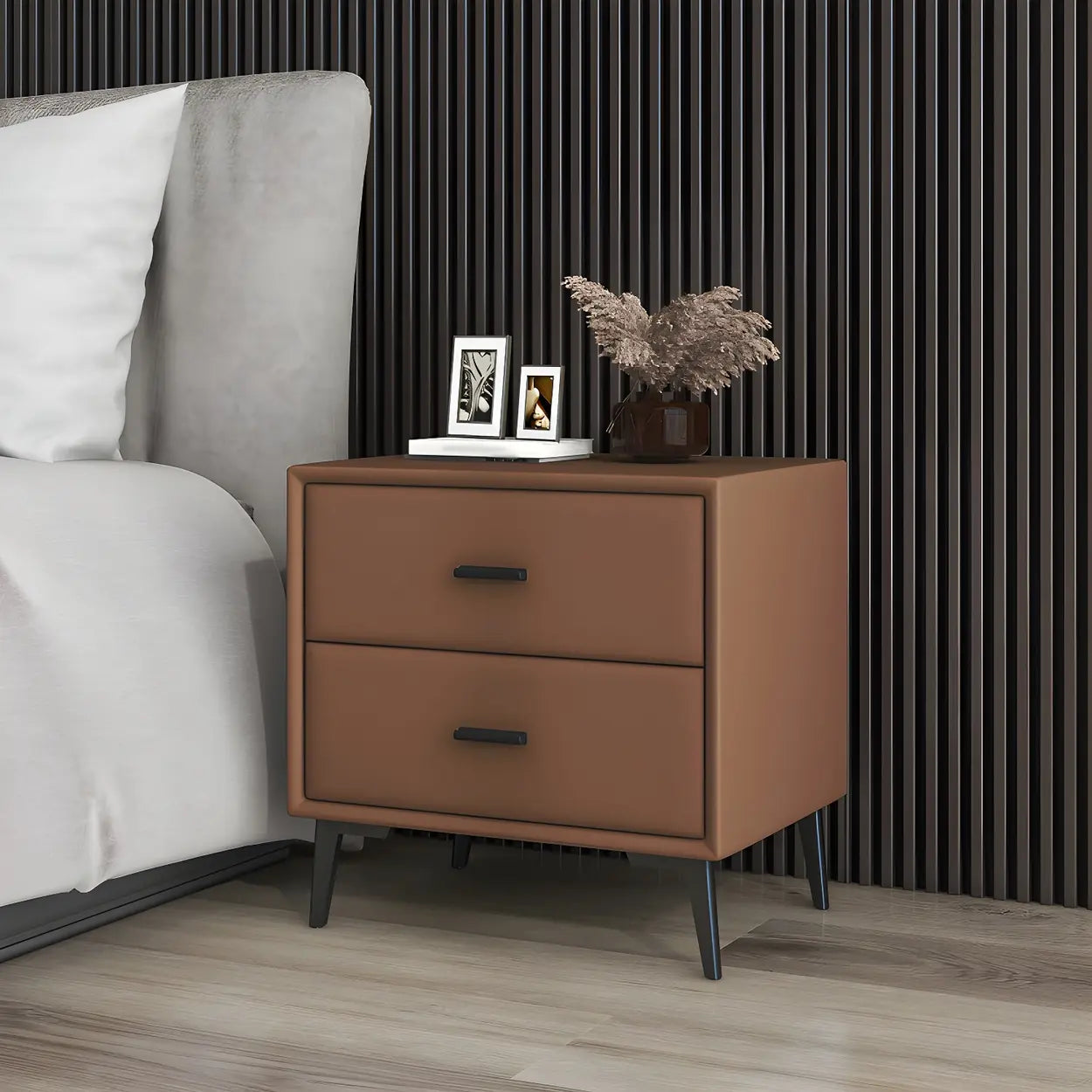 Modern Rectangular Gray Wood Nightstand with Drawer — Light Coffee