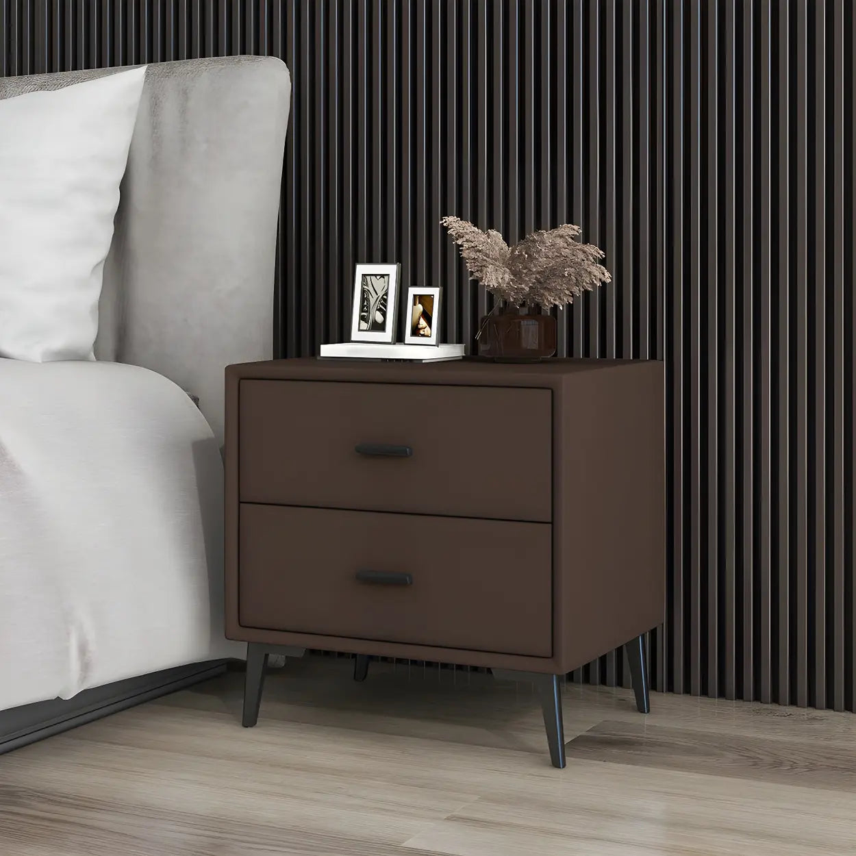 Modern Rectangular Gray Wood Nightstand with Drawer — Beige