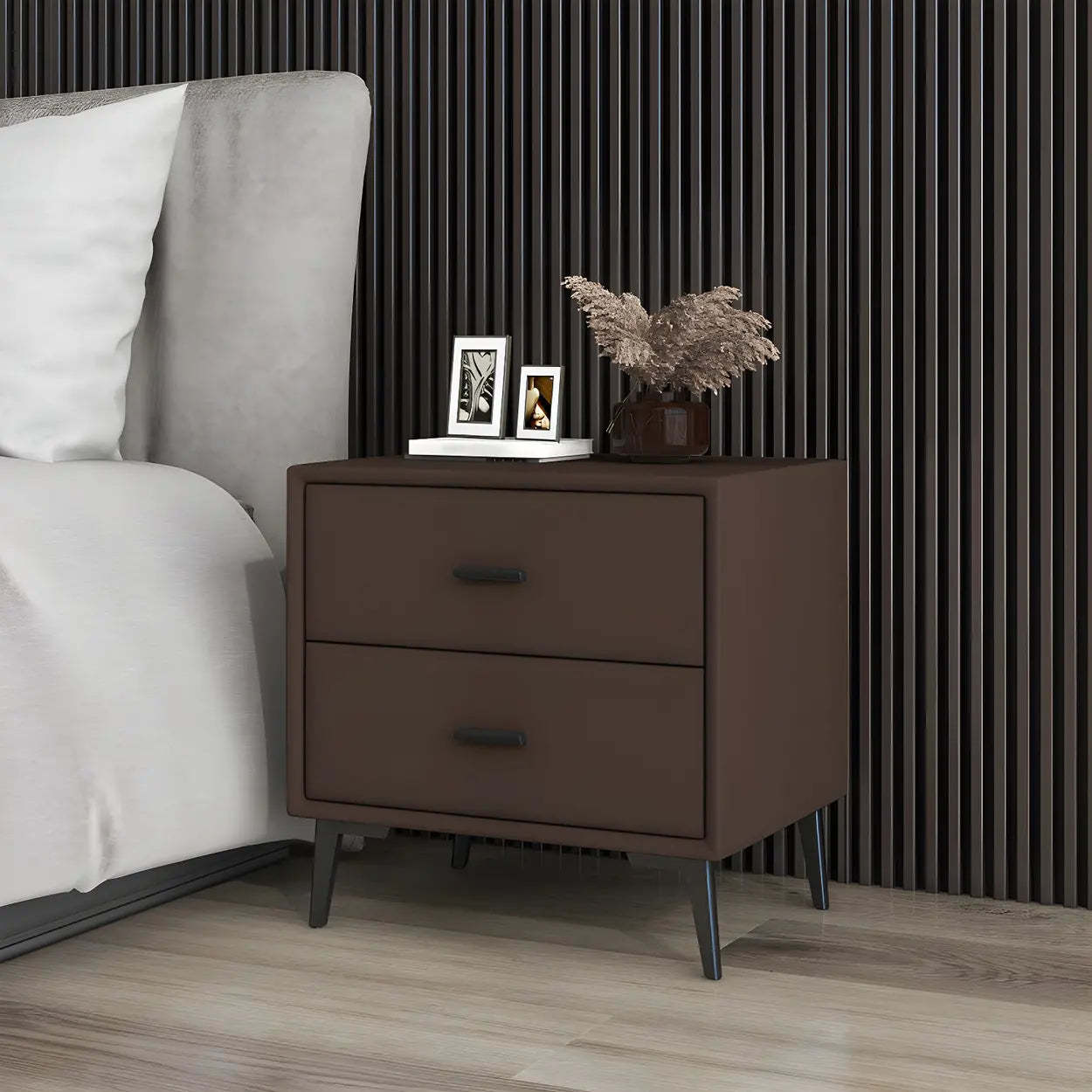 Modern Rectangular Gray Wood Nightstand with Drawer — Beige