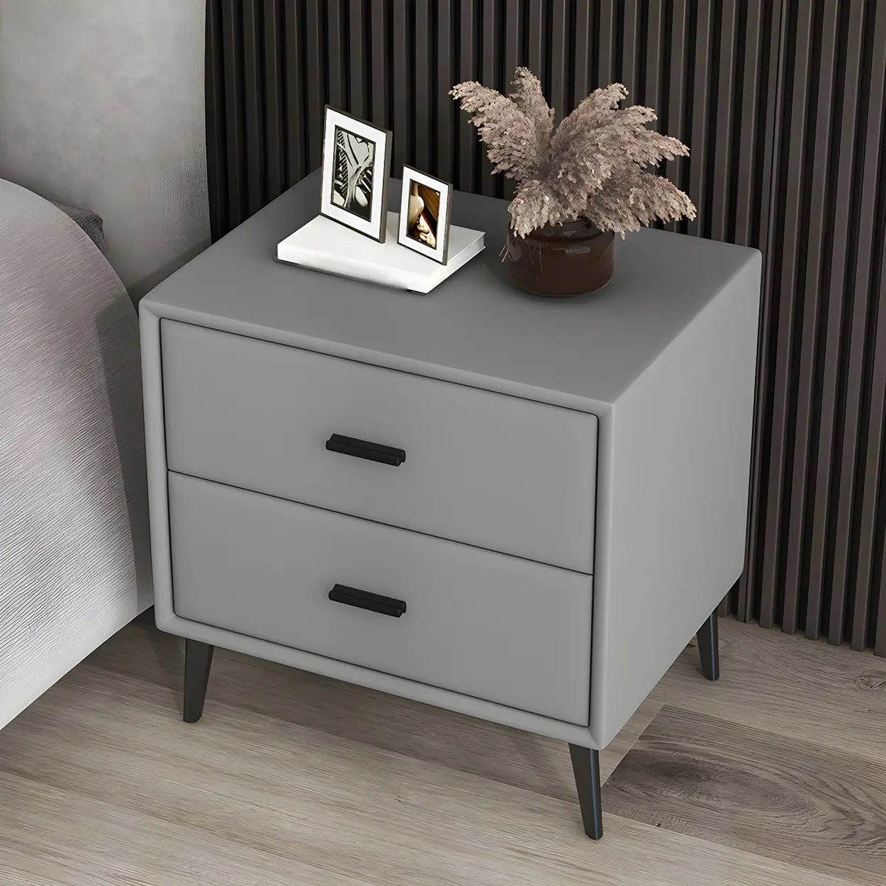Modern Rectangular Gray Wood Nightstand with Drawer — Light Brown