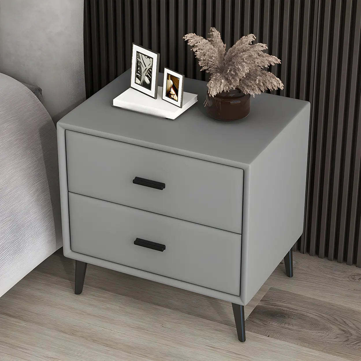 Modern Rectangular Gray Wood Nightstand with Drawer — Light Brown