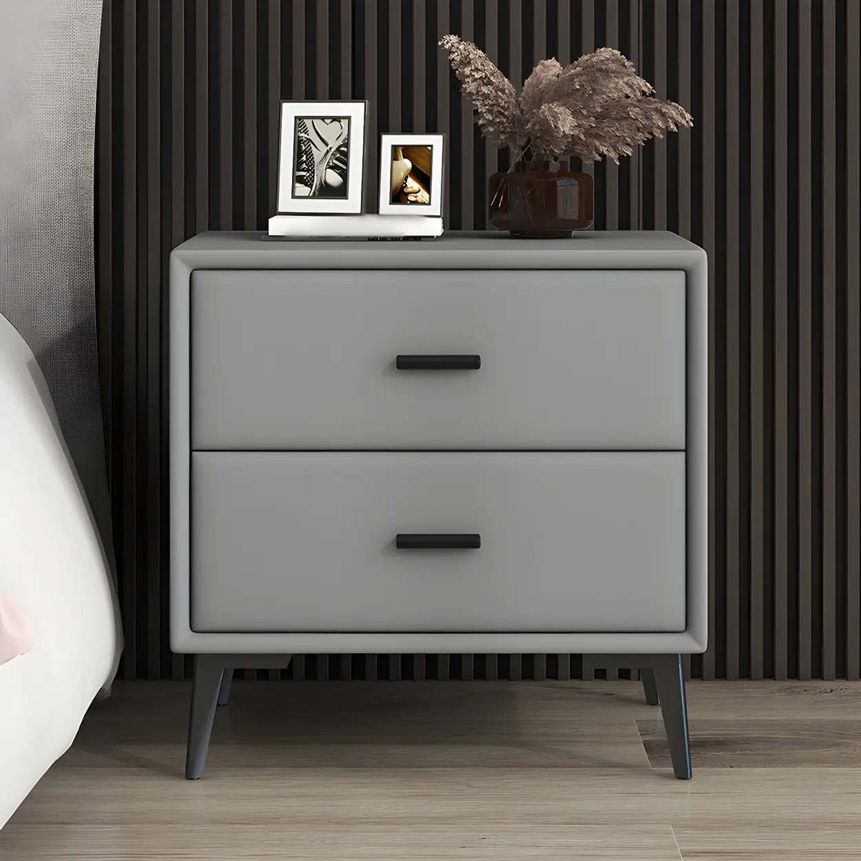 Modern Rectangular Gray Wood Nightstand with Drawer — Khaki