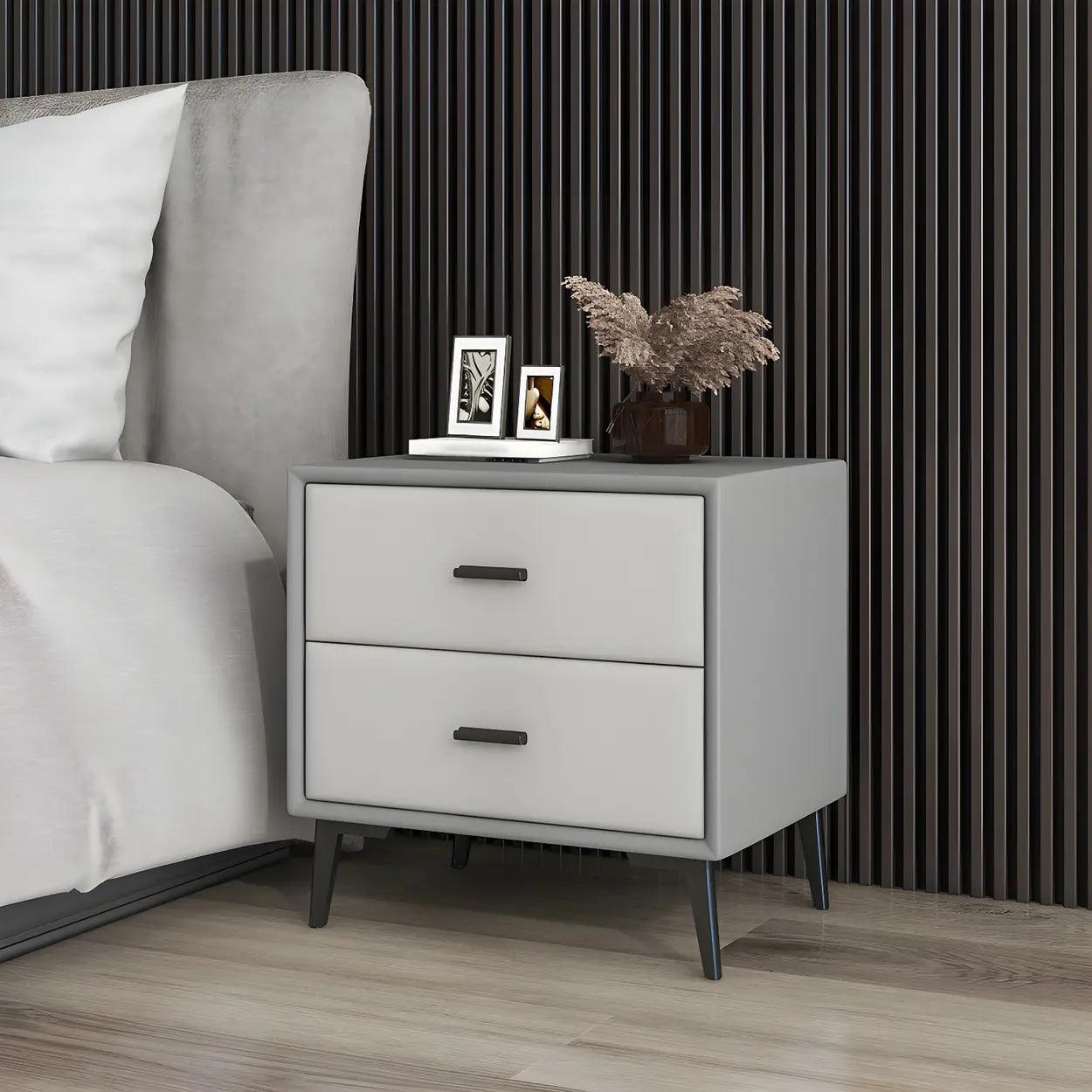 Modern Rectangular Gray Wood Nightstand with Drawer — Blackish Green
