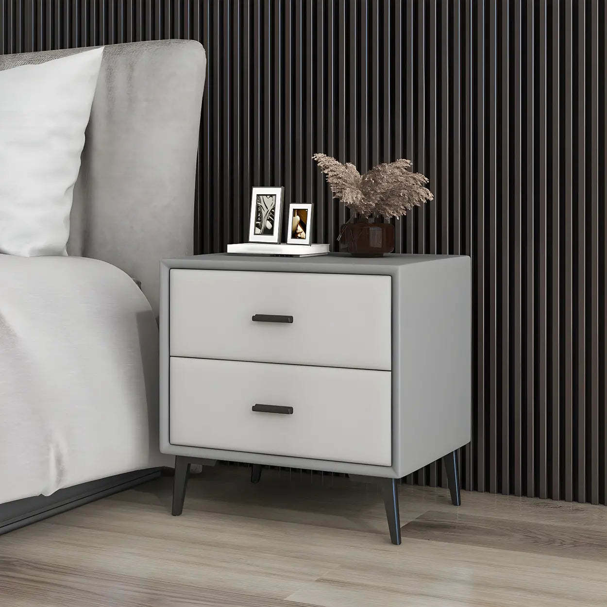 Modern Rectangular Gray Wood Nightstand with Drawer — Blackish Green