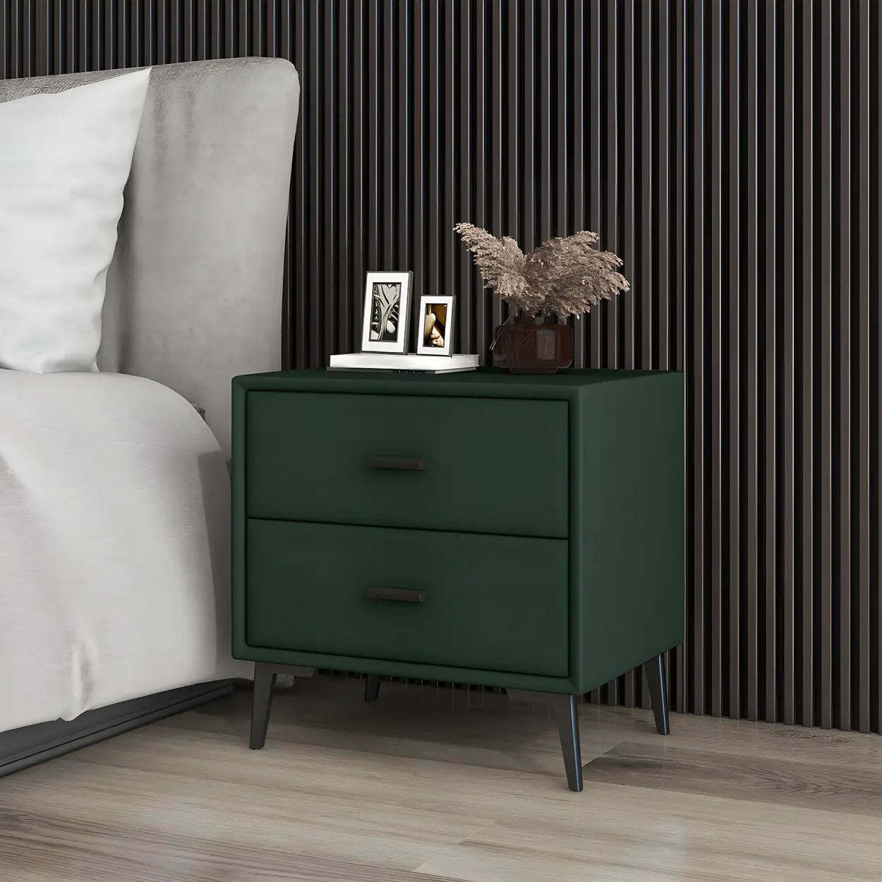 Modern Rectangular Gray Wood Nightstand with Drawer — Dark Gray-White