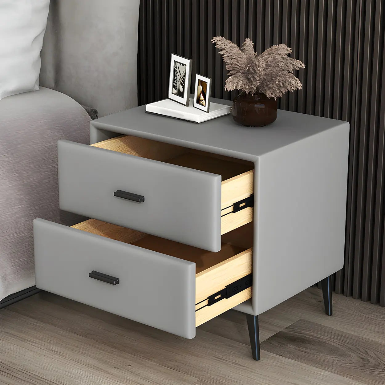 Modern Rectangular Gray Wood Nightstand with Drawer — Dark Gray