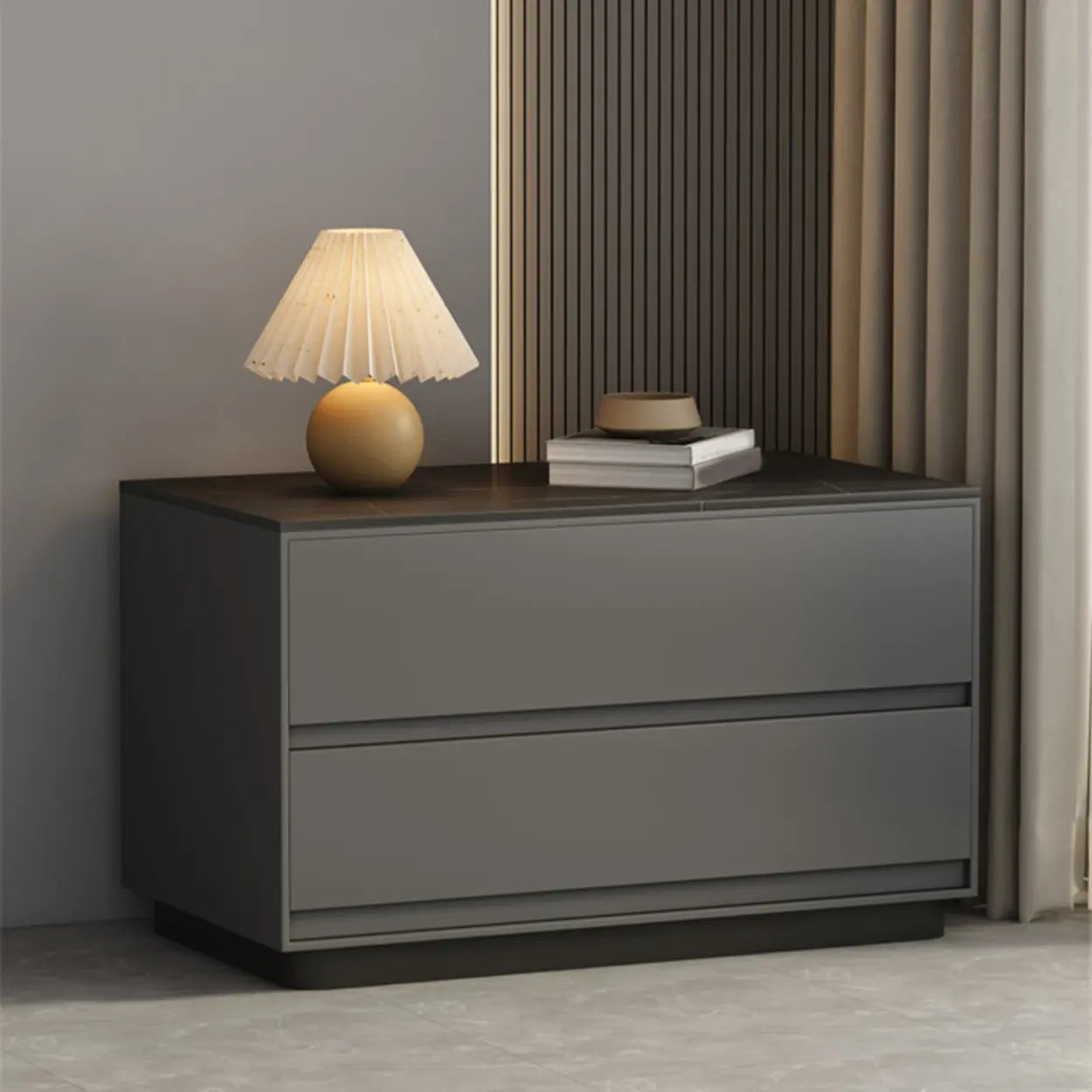 Modern Rectangular Gray Wood Nightstand with Drawers — Light Coffee