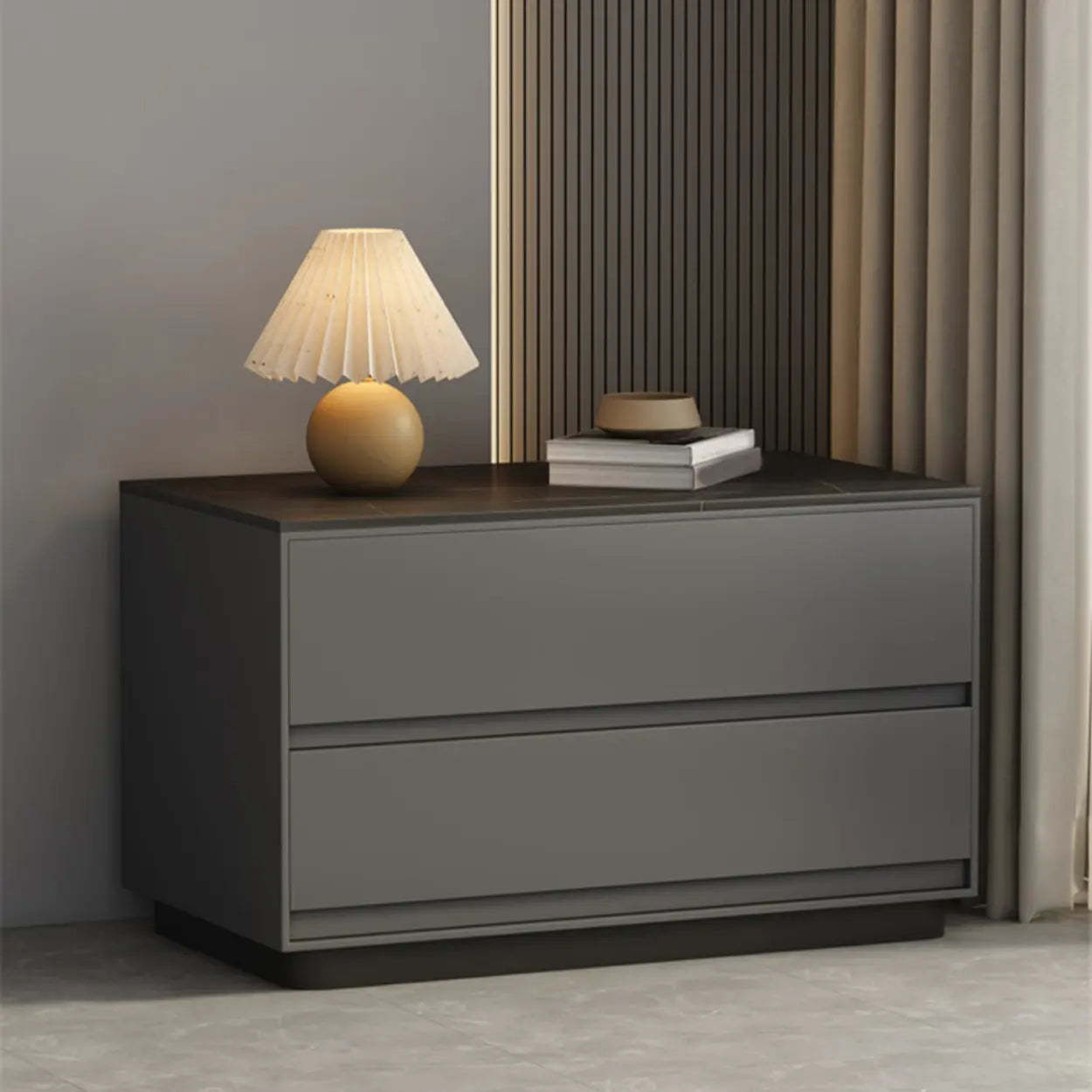 Modern Rectangular Gray Wood Nightstand with Drawers — Light Coffee