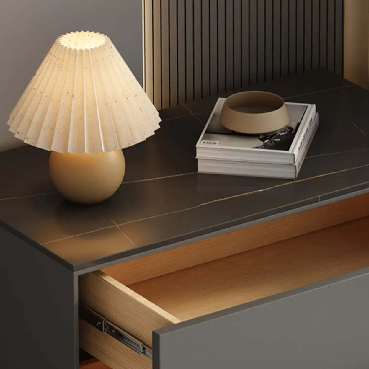 Modern Rectangular Gray Wood Nightstand with Drawers — White