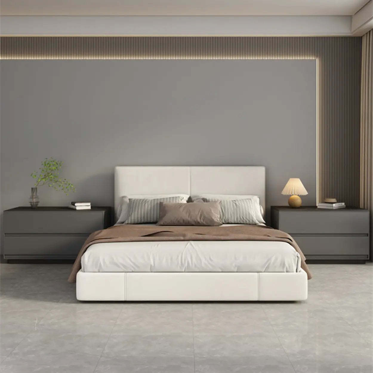 Modern Rectangular Gray Wood Nightstand with Drawers — Beige
